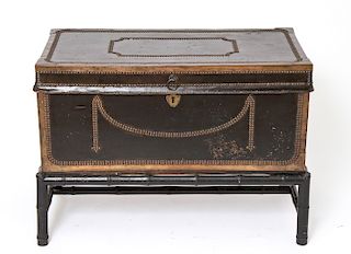 English Faux-Leather Trunk w Bamboo Form Stand