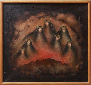 Illegibly Signed "Wreathed Women" Oil on Canvas