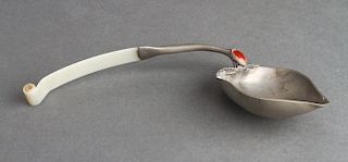 Chinese Carved Jade, Carnelian and Pewter Spoon
