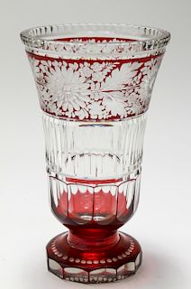 Ruby Cut to Clear Tall Glass Vase w Floral Motif
