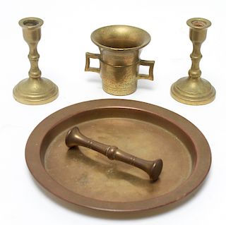 Brass Mortar & Pestle, Candlesticks & Tray