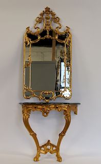 Louis XV Style Gilt Wood Mirror and Marbletop