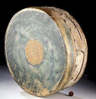 19th C. Native American Hide & Bark Drum - Target Motif