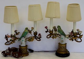 Pr Of Porcelain And Gilt Metal Bird lamps .