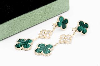 Van Cleef & Arpels 18k Gold Malachite Diamond Alhambra Earrings 