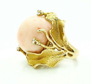 14k Yellow Gold Pink Coral & Diamond Ring Sz 6