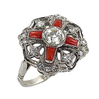.20ctw Art Deco Diamond Coral Platinum Ring