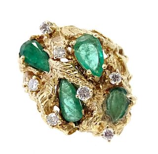 14 Karat Yellow Gold Emerald And Diamond Ring.