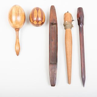 Group of Five Carved Wood Textile Tools