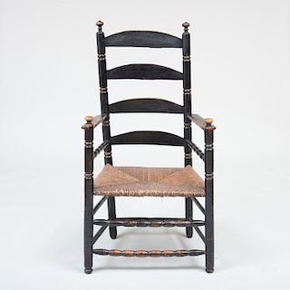 Fine William and Mary Black Painted and Turned Maple Slat Back Chair