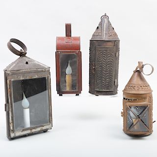 Group of Four Painted and Pierced Tin Lanterns