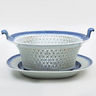 Chinese Export Porcelain Blue and White Canton Chestnut Basket and Underplate 