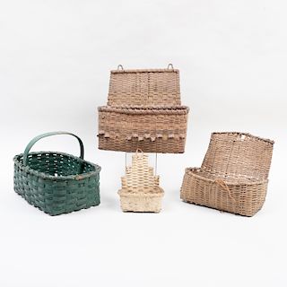 Group of Three Wall Baskets and a Green Painted Splint Basket