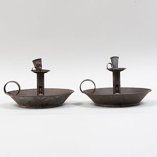 Pair of American Tin Saucer Based Chamber Sticks and Two Candle Snuffers
