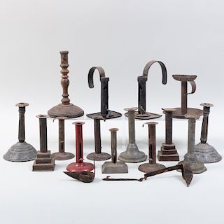 Group of Seventeen Candlesticks and Other Lighting Implements