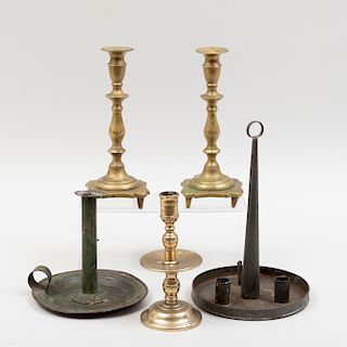 Group of Five Brass and Tin Candlesticks