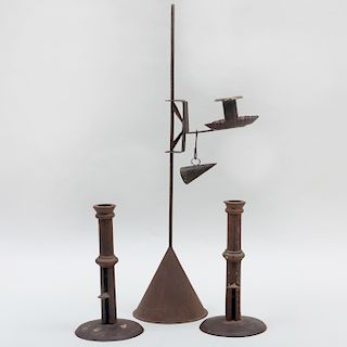 Pair of Tall American Metal Hogscraper Candlesticks, an Adjustable Candle Lamp and Snuffer