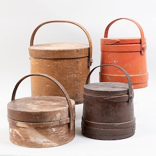 Two American Painted Wood Firkins and Two Cylindrical Painted Wood Baskets