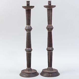 Pair of Tall Tin Candlesticks with Fluted Nozzels