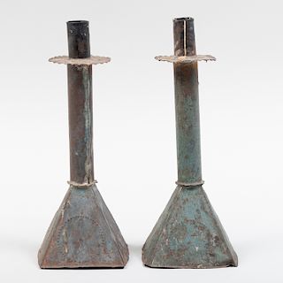 Pair of American Blue Painted Tin Candlesticks with Punch Decoration