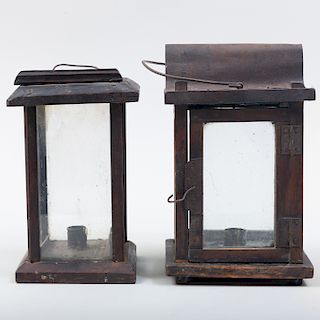 Two Wood and Glass Candle Lanterns