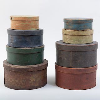 Group of Eight American Circular Painted Wood Pantry Boxes and Covers