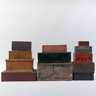 Group of Eleven Painted Wood Table Boxes and a Lap Desk