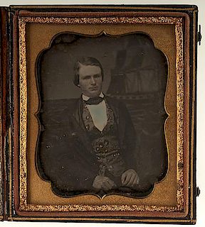 Sixth Plate Daguerreotype of Man Posed in Front of an Unusual Marine Backdrop 