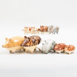 Group of Nine Glazed Pottery Piggy Banks