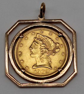 JEWELRY. 1902 United States $5 Gold Coin.