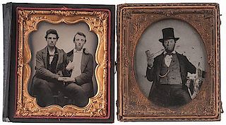 Interesting Sixth Plate Ambrotypes, Including Portrait of Man in Top Hat Smoking Pipe, Plus View of Male Companions 