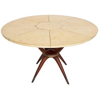 Mexican Modernist Dining Table in Goatskin Mahogany and Brass