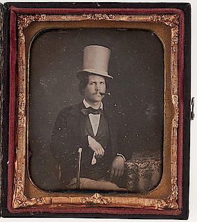 Sixth Plate Daguerreotype of a Classy Dude With Cigar, Cane, and Top Hat 