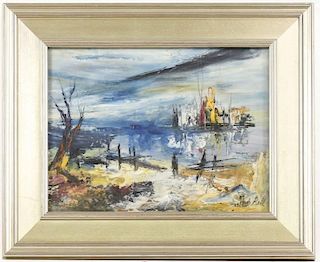 Impressionist Oil on Board, "Seaside Walk", Signed