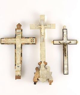3 Hand Carved Wood & Mother Of Pearl Crucifixes