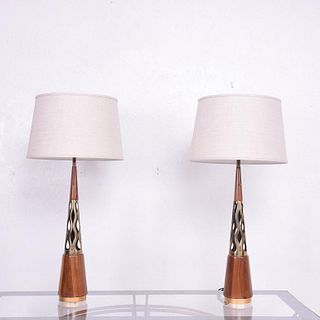 Mid-Century Modern Walnut and Brass Table Lamps