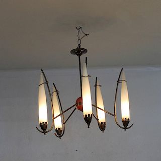 Mid Century Modern Italian Chandelier Five Arms with Handmade Glass Shades