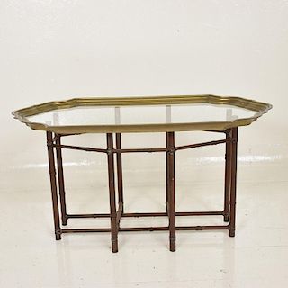 Hollywood Regency Faux Bamboo Coffee Table with Brass and Glass Top