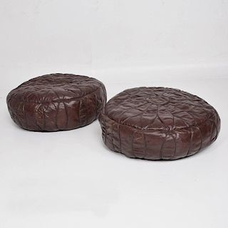 Set of Two Midcentury Moroccan Distressed Leather Puffs, 1960s