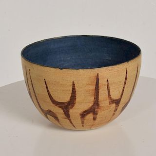 Mid-Century Modern Bowl with Beautiful Decoration, Earth Tones with Blue Inside