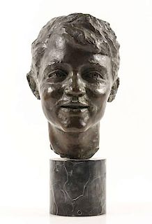 Bronze Sculptural Head of Girl w/Ponytail, 20th C.