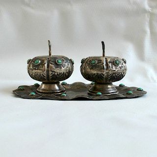 Sterling Silver and Turquoise Mexican Modernist Salt and Pepper Shakers APN