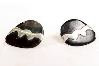 Mexican Modernist Cufflinks Silver and Onyx Taxco Sterling