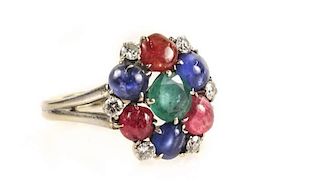 14k White Gold Ring w/ Ruby, Sapphire & Emerald