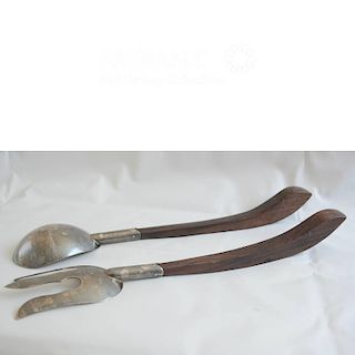 Mexican Modernist Silver Plated and Rosewood Salad Servers