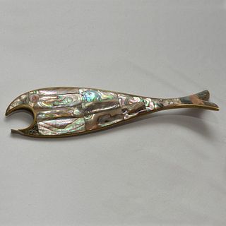 Mid-Century Modern Abalone and Brass Fish Bottle Opener Los Castillo Style