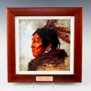 NATIVE AMERICAN FRAMED GICLEE ON CANVAS, HAWK FEATHERS