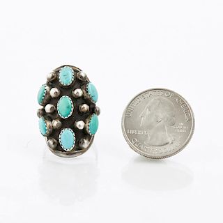 NATIVE AMERICAN TURQUOISE, SILVER CLUSTER RING
