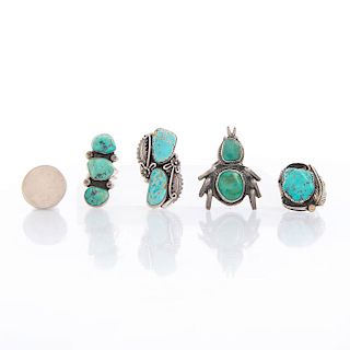 FOUR NATIVE AMERICAN TURQUOISE SILVER RINGS