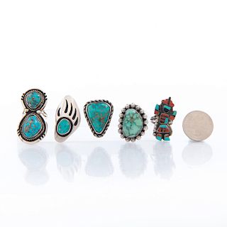 5 NATIVE AMERICAN TRIBAL SILVER AND TURQUOISE RINGS